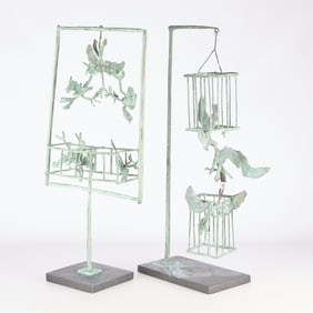 2 Mid-Century Modern Bronze Bird Cage Sculptures