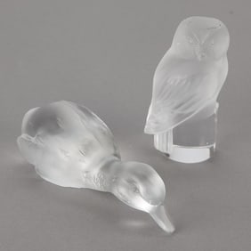 2 Art Glass Figurines: Lalique Owl & Baccarat Duck