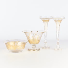 Grp 4 Antique Moser Gilt Glass Vases & Bowls