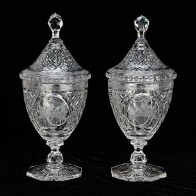 Pair Cut Crystal Glass Covered Urn Vases