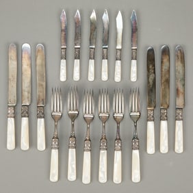 18 pcs Vtg Flatware Fish Set w/ Sterling Silver