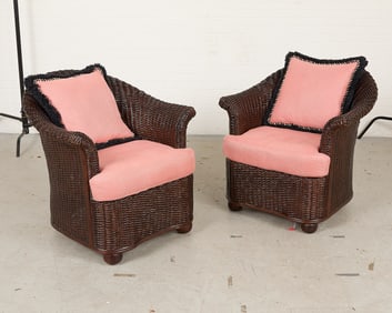 Pair Vintage Cushioned Wicker Armchairs