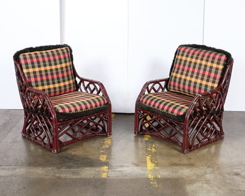 Pair Vintage Wicker Rattan Lounge Chairs