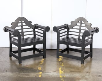 Pair Lutyens Style Teak Patio Furniture Armchairs