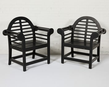 Pair Lutyens Style Teak Patio Furniture Armchairs
