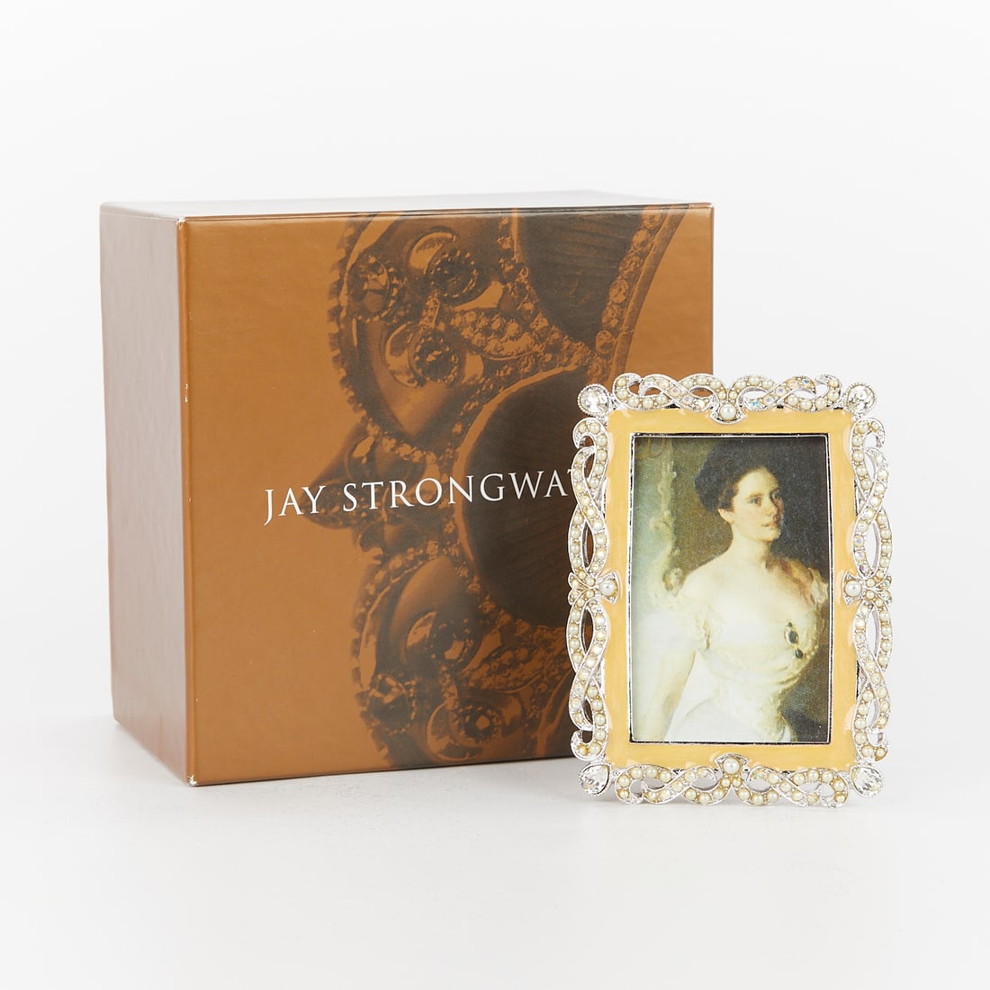 Jay Strongwater Swarovski Crystal & Pearl Frame: Jay Strongwater, United States. Swarovski crystal and pearl frame with a yellow enamel border. With the original box and tags.(Frame) height: 4 in x width: 3 in. (Box) height: 3 1/2 in x width: 5 1/4