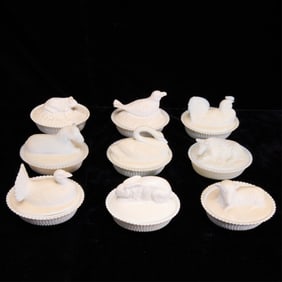 9 Vintage Milk Glass Animal-On-Nest Dishes