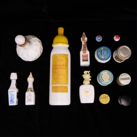 14 Pcs Milk Glass Ephemera Incl. Liquor Bottles