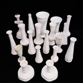 Grp Vintage Milk Glass Vases & Candlesticks