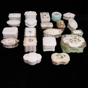 20 Vintage Milk Glass Lidded Trinket Boxes