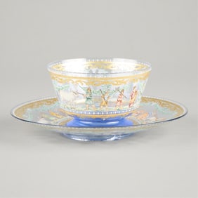 19th c. Venetian Hand-Painted Glass Bowl & Plate