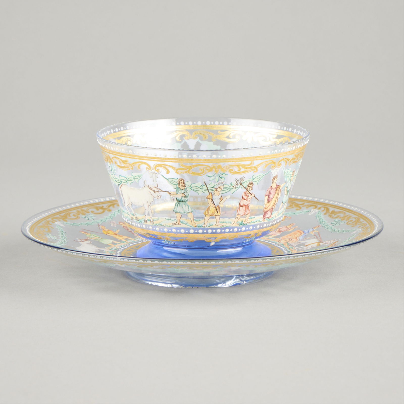 19th c. Venetian Hand-Painted Glass Bowl & Plate: Venetian hand-painted glass bowl and plate with gilt rims.(Bowl) height: 2 1/2 in x diameter: 4 in. (Plate) diameter: 7 1/4 in.