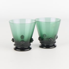 Pair Emerald Green Floral Glass Tumblers