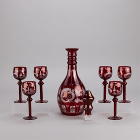 7 Pcs Bohemian Ruby Etched Glass Wine Decanter Set