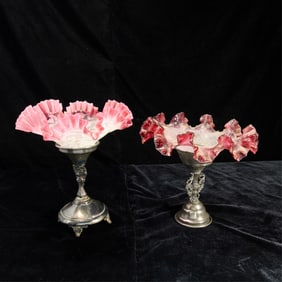 2 Silverplate & Glass Pink Ruffle Pedestal Bowls