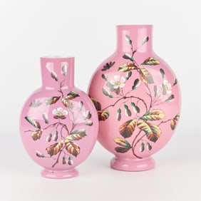 Set 2 Bristol Glass Painted Pink Vases