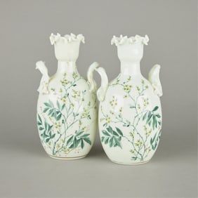 Pair Vaseline Glass Floral Vases