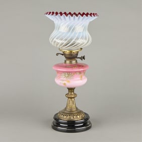 Painted Cranberry Glass Floral Table Lamp