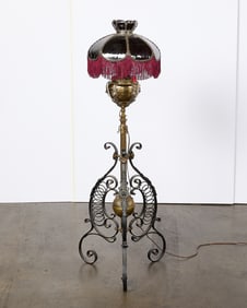 Antique B & H Piano Lamp w/ Red Glass Shade