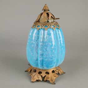 Antique Ceiling Parlor Lamp w/ Blue Glass Shade