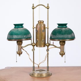 Antique Lamp w/ Double Emerald Glass Shades