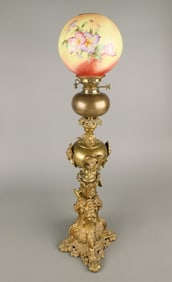 Antique Bronze Lamp w/ Painted Yellow Glass Shade