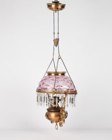 Antique Hanging Parlor Lamp w/ Pink Glass Shade