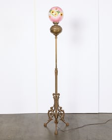 19th c. Adjustable Piano Lamp w/ Pink Glass Shade
