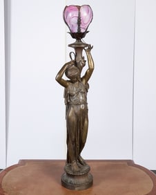 Aft. Henri Dumaige Bronze Lamp w/ Pink Glass Shade