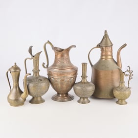 6 Middle Eastern/Indian Brass & Copper Ewers