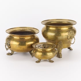 3 Antique Hammered Brass Jardiniere Planters