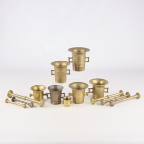7 Middle Eastern Brass Mortar & Pestles - 14 Pcs