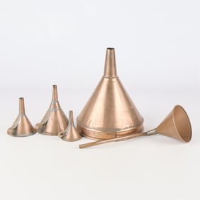5 Antique Copper Oil Funnels