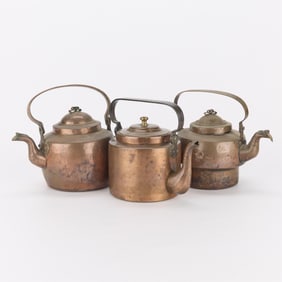 3 Antique Copper Tea Kettles