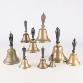 9 Vintage Brass School Hand Bells Incl. Swiss Bell