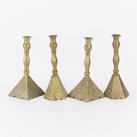 2 Pairs Middle Eastern Incised Brass Candlesticks