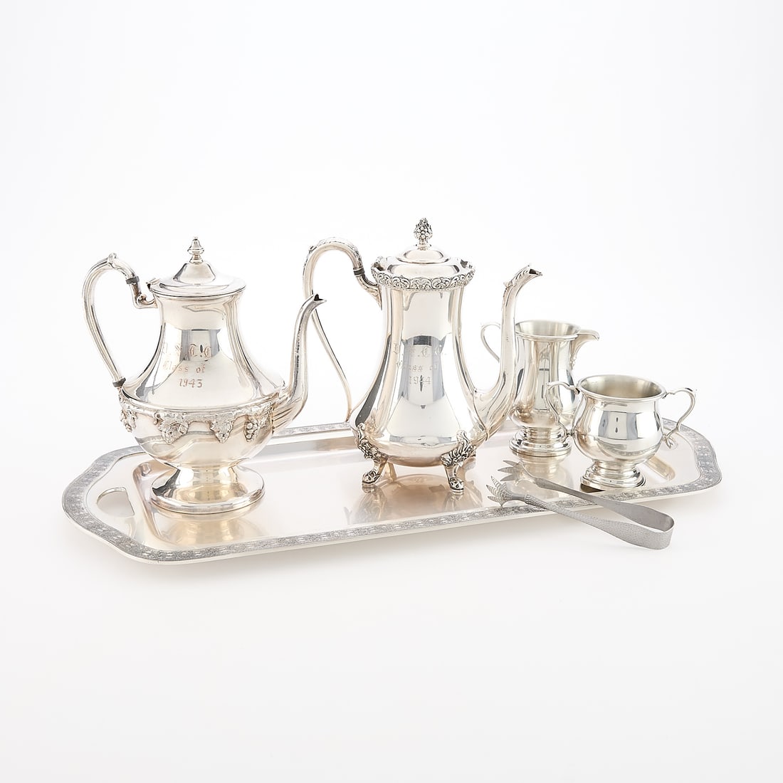 5 pcs Silverplate Tea Serving Ware w/ Steel Arts & Crafts Tongs (1 of 13)