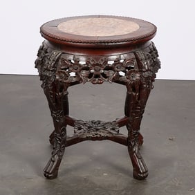 Antique Carved Wood Plant Stand w/ Marble Surface