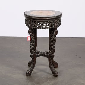 Antique Carved Wood Plant Stand w/ Marble Surface