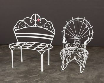 Set Miniature Wrought Iron Rocking Chair & Bench