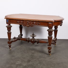 Antique Rolling Wood Desk w/ Leather Surface