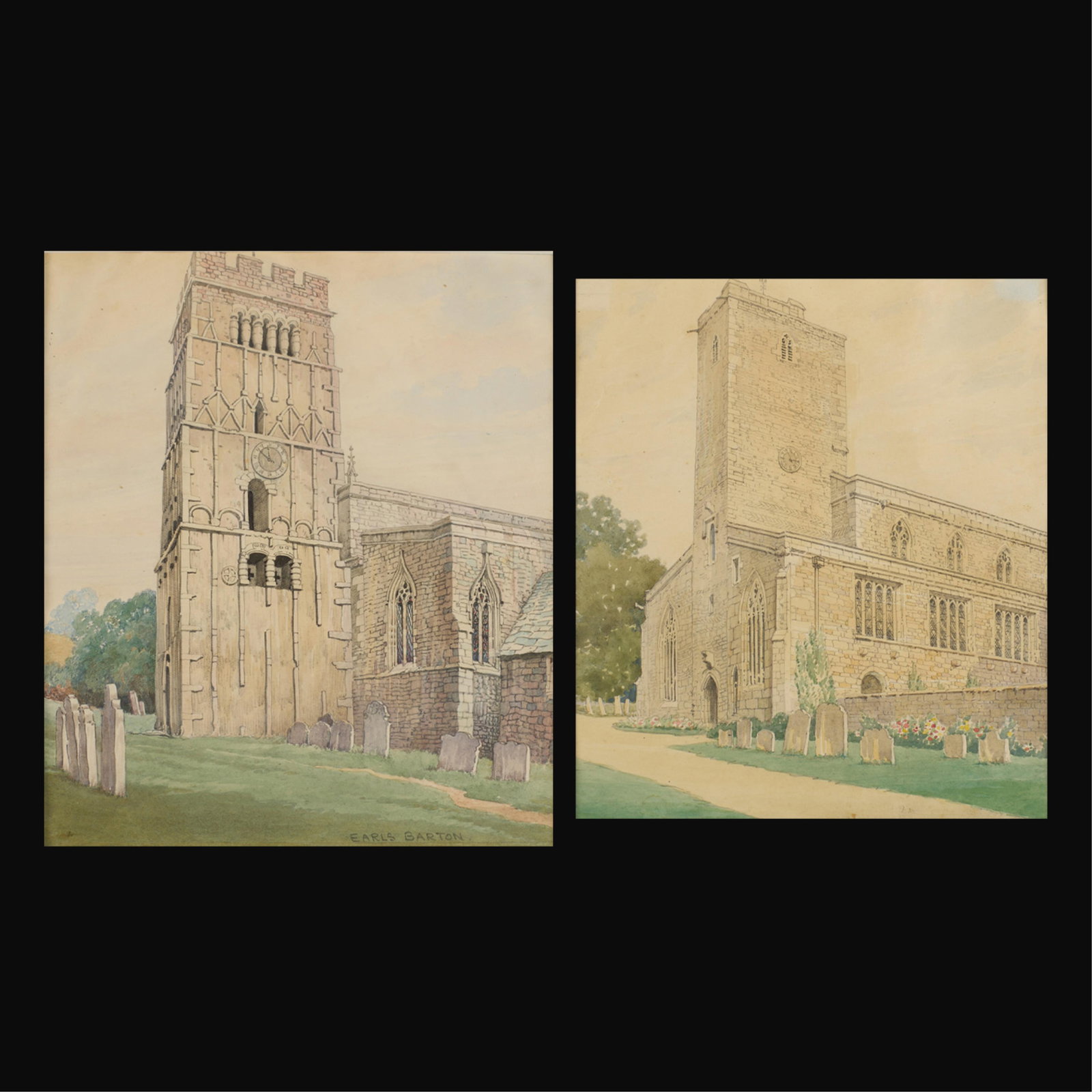 Pair English Church 19th c. Watercolors: Both depicting churches. One inscribed "Earles Barton" along the lower right. Written in pencil along the verso "A.E. Newcombe / The Church at Earls Barton / Northamptonshire / AUL '92 London." The ot