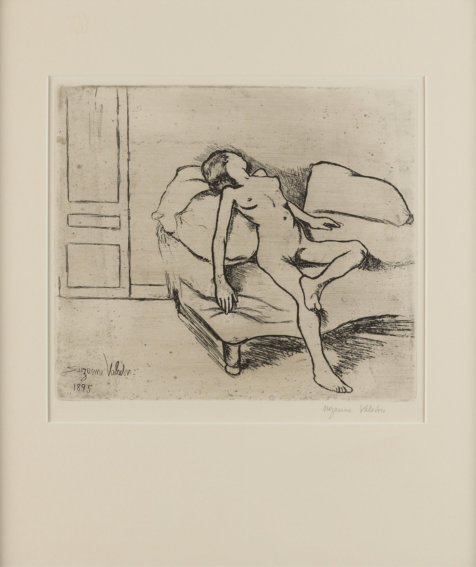 Suzanne Valadon "Louise Nue" Nude Etching 1895: Suzanne Valadon "Louise Nue" nude softground etching, 1895. Pencil signed lower margin; signed and dated in plate along the lower left.Height: 23 in x width: 20 1/2 in.
