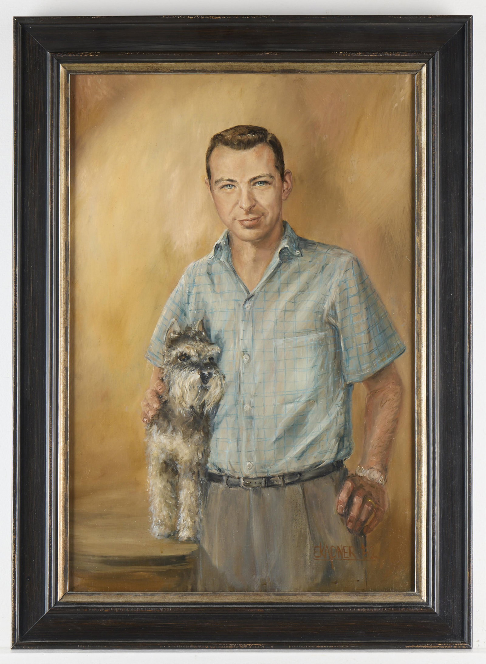 Elizabeth Munro Kapner Oil on Board Portrait of Alex Kapner: Elizabeth Munro Kapner (Jari Rowley) (1936-2008). Oil on board painting depicting Kapner's husband, Alex Kapner, with the family dog, 1962. Signed and dated along the lower right. Elizabeth Munro Kapn