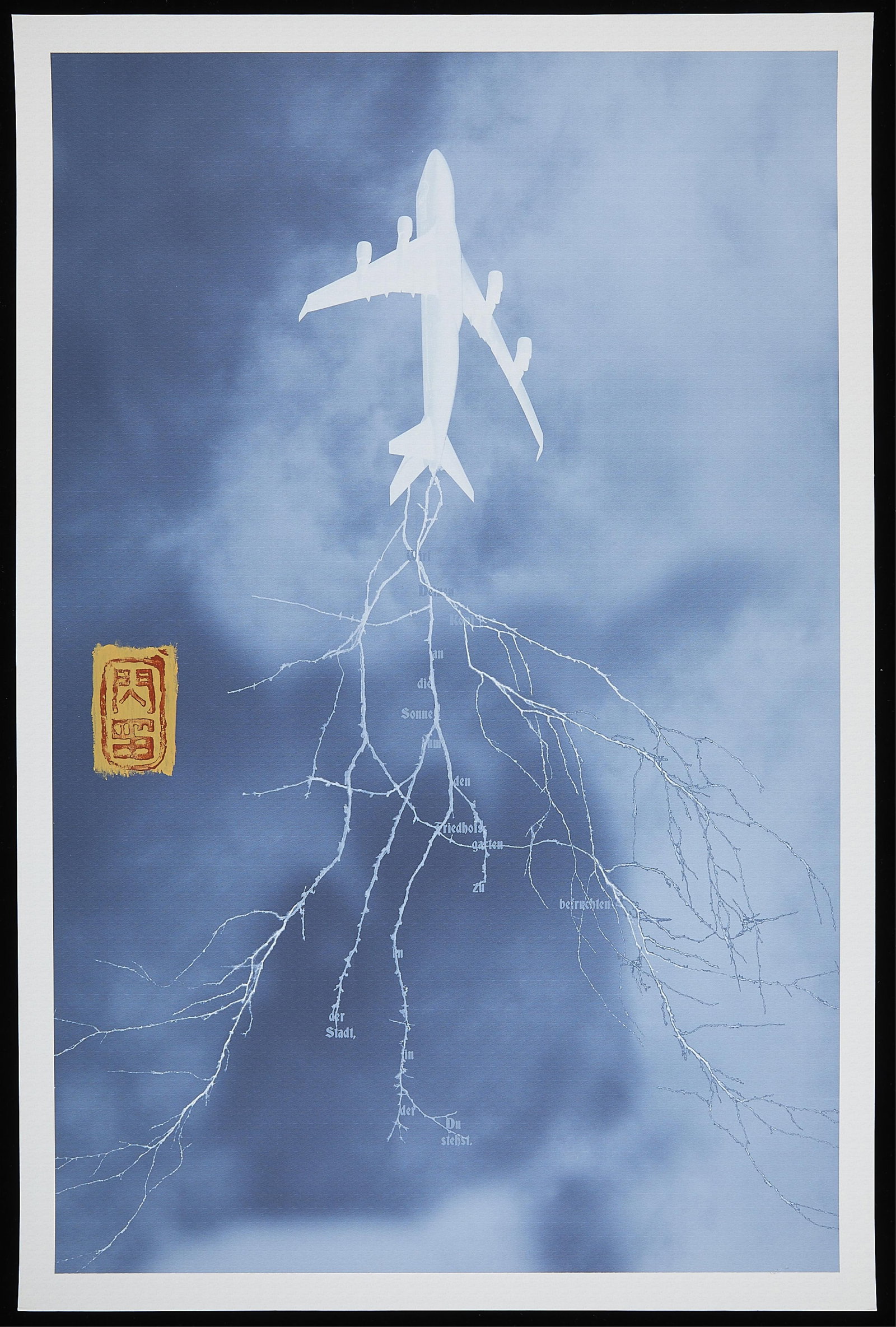 Sean Smuda Print from "Blueprints" Series: Large print from Sean Smuda's "Blueprints" series.Print is adhered to foam board. Red and gold inkan signature applied to print middle left.Sean Smuda lives and works between Berlin, Dakar, and the Un