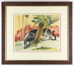 1950s Art Deco Tropical Panther Watercolor Painting