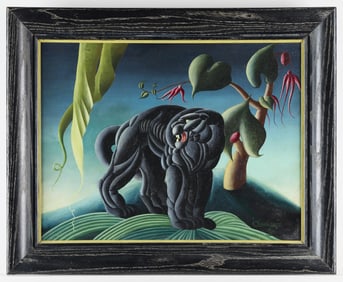 1950s Art Deco Tropical Panther Oil on Board Painting