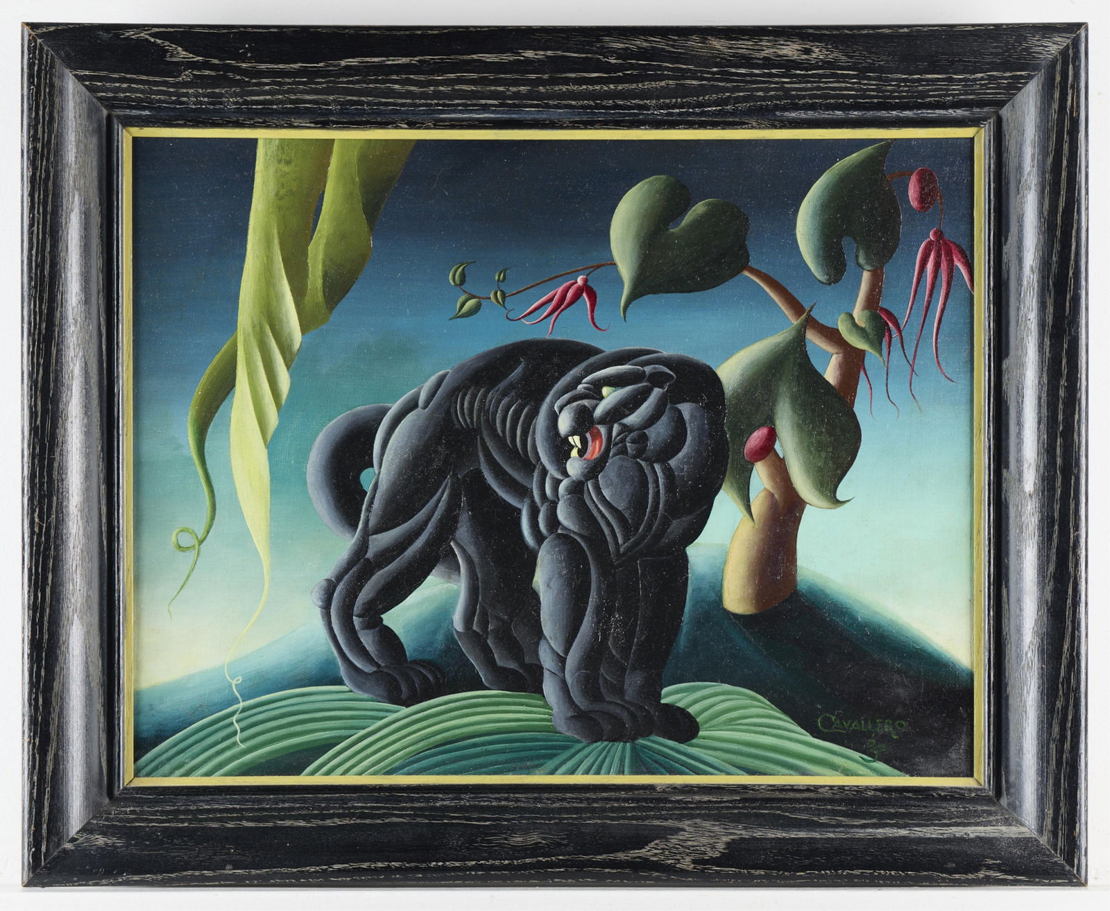 1950s Art Deco Tropical Panther Oil on Board Painting (1 of 4)