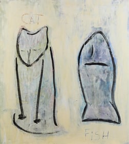 Oil on Canvas Cat & Fish Painting