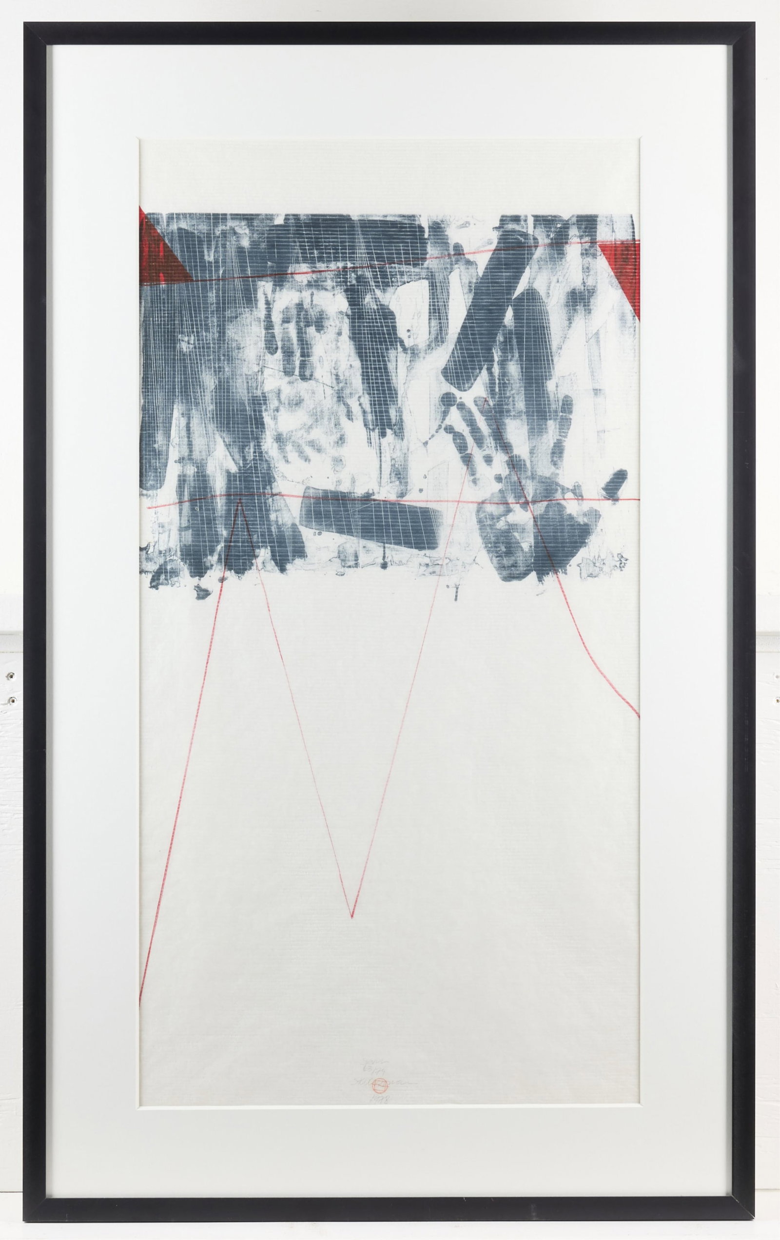 Steve Sorman "Span" Lithograph 1978: Lithograph titled "Span," depicting black and white abstract scenes with handprints and iron red geometric motifs. Pencil signed, titled, and dated along the lower center. Further titled along the ver
